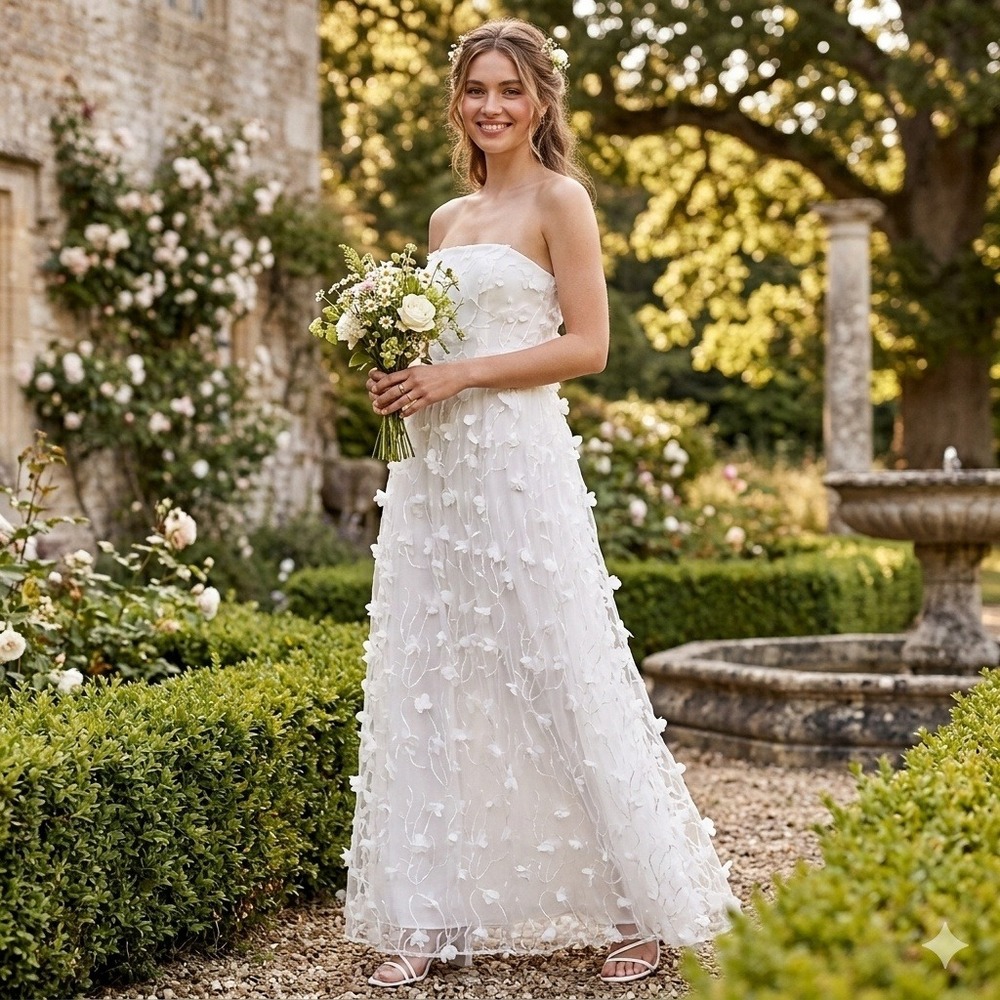 Dessy Collection  Maxi Dress Women 4-R Ivory New 3D Floral Bridal Sequin Gown